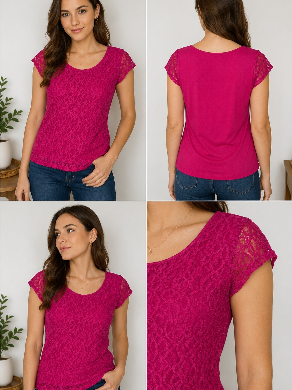 Madison Fuchsia Lace Short Sleeve Scoop Neck Top